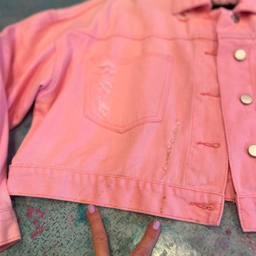 Pink Diamond Fringe Distressed Denim Jacket - Picture 15 of 16